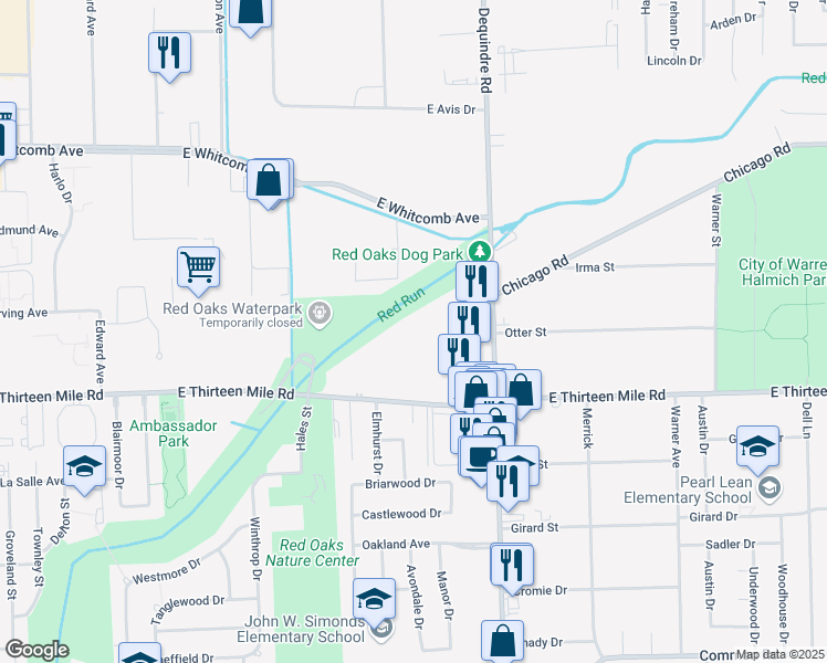 map of restaurants, bars, coffee shops, grocery stores, and more near 1655 East Thirteen Mile Road in Madison Heights