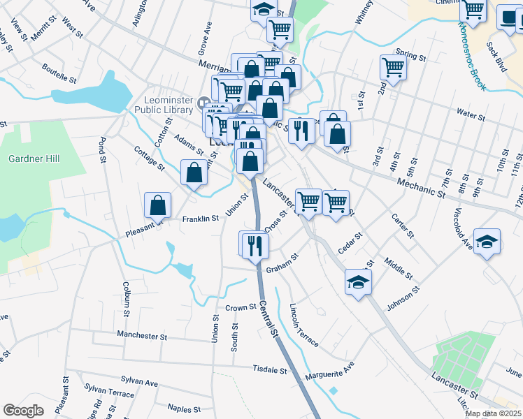 map of restaurants, bars, coffee shops, grocery stores, and more near 116 Central Street in Leominster