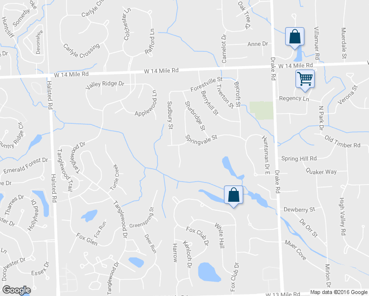 map of restaurants, bars, coffee shops, grocery stores, and more near 36045 Guilford Street in Farmington Hills