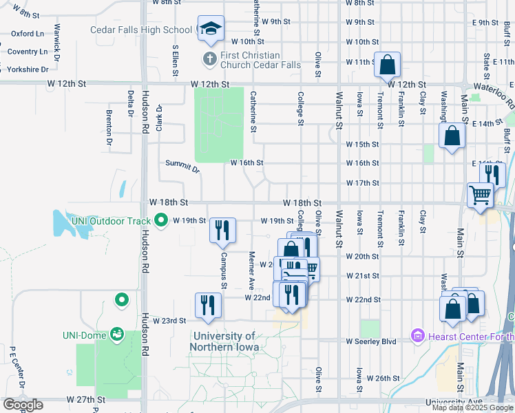 map of restaurants, bars, coffee shops, grocery stores, and more near 1116 West 18th Street in Cedar Falls