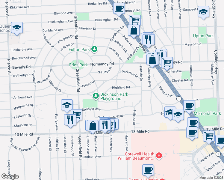 map of restaurants, bars, coffee shops, grocery stores, and more near 4115 Highfield Road in Royal Oak