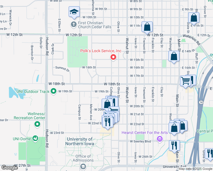 map of restaurants, bars, coffee shops, grocery stores, and more near in Cedar Falls
