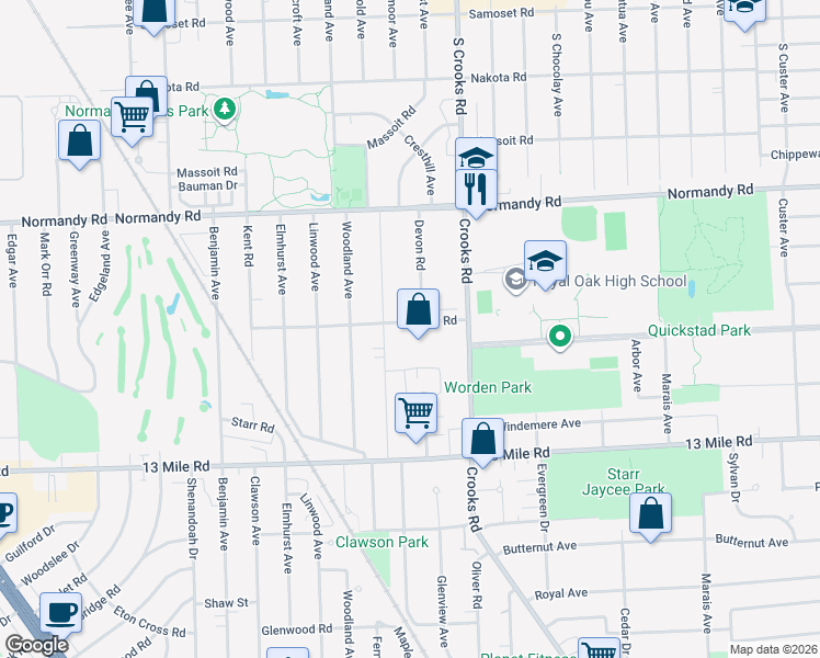 map of restaurants, bars, coffee shops, grocery stores, and more near 1855 Chester Road in Royal Oak