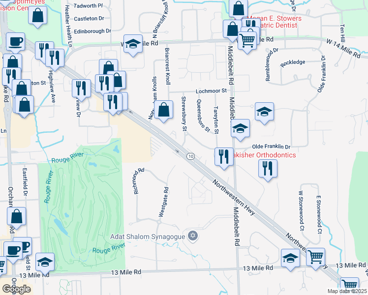 map of restaurants, bars, coffee shops, grocery stores, and more near 31886 Northwestern Highway in Farmington Hills
