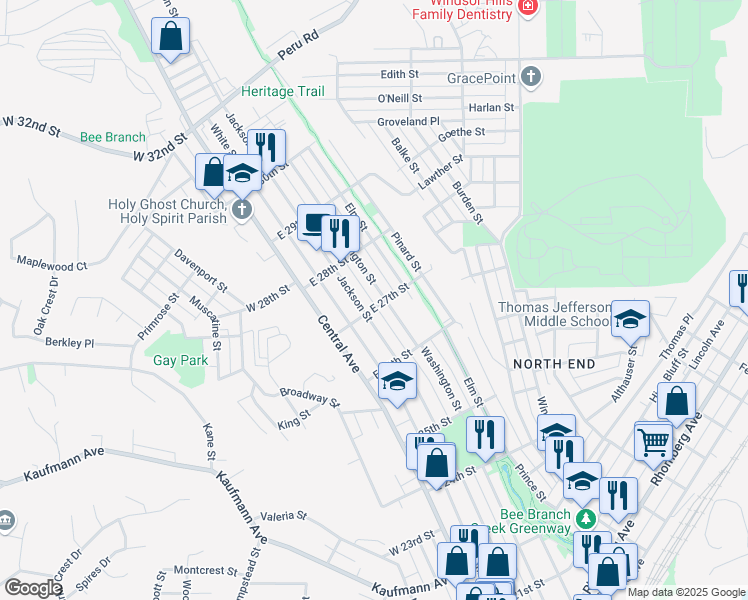 map of restaurants, bars, coffee shops, grocery stores, and more near 231 E 27th St in Dubuque