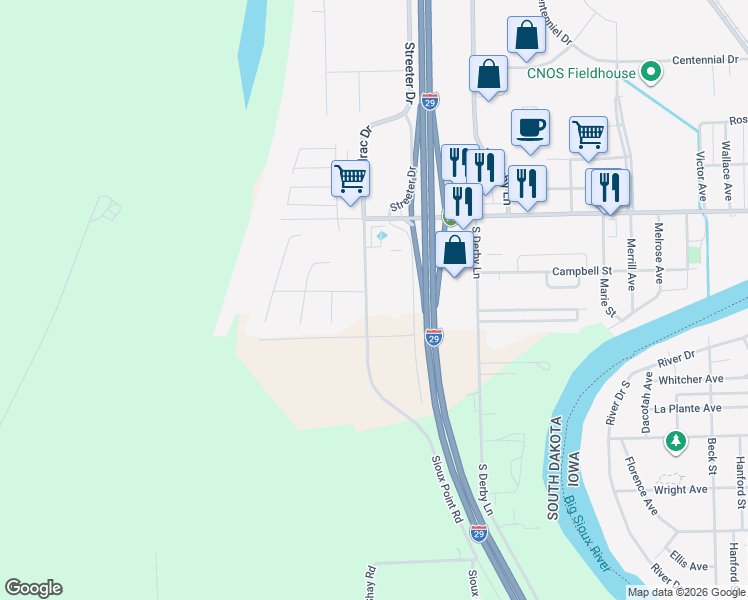 map of restaurants, bars, coffee shops, grocery stores, and more near 202 Sodrac Drive in North Sioux City