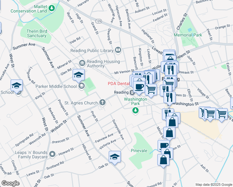 map of restaurants, bars, coffee shops, grocery stores, and more near 20 Washington Street in Reading