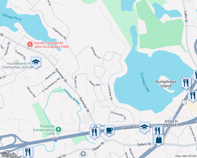 map of restaurants, bars, coffee shops, grocery stores, and more near 20 Longbow Road in Lynnfield