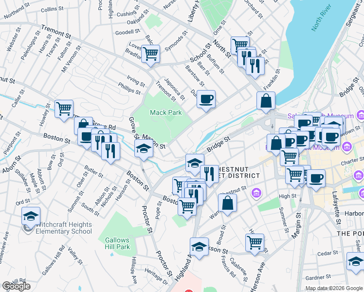 map of restaurants, bars, coffee shops, grocery stores, and more near 80 Flint Street in Salem