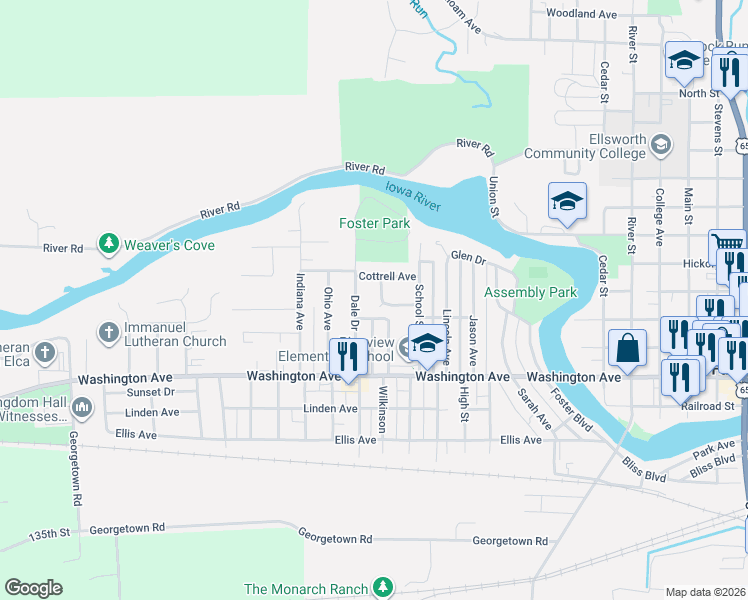 map of restaurants, bars, coffee shops, grocery stores, and more near 1617 Sanford Dr in Iowa Falls