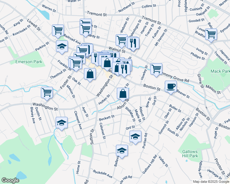 map of restaurants, bars, coffee shops, grocery stores, and more near 24 Holten Street in Peabody