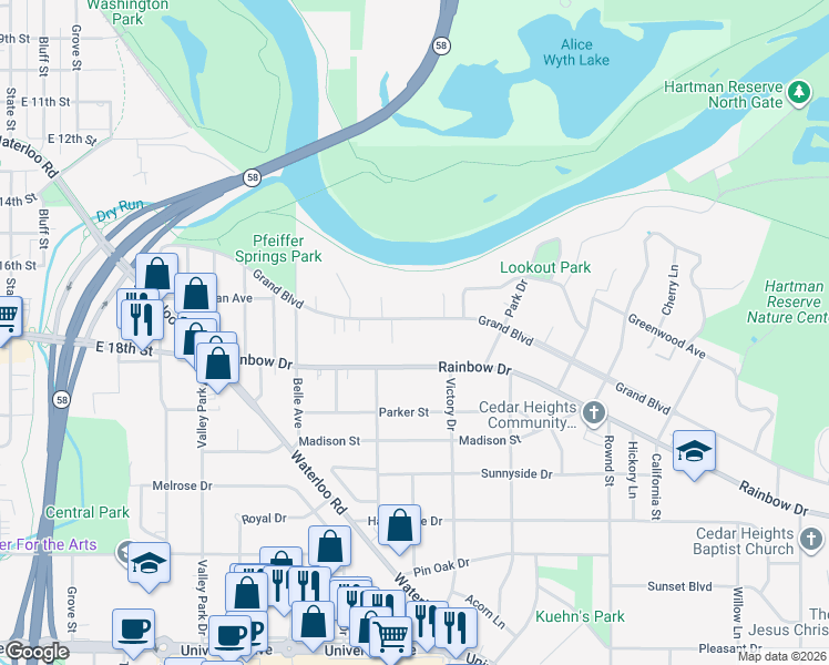 map of restaurants, bars, coffee shops, grocery stores, and more near 1415 Grand Boulevard in Cedar Falls