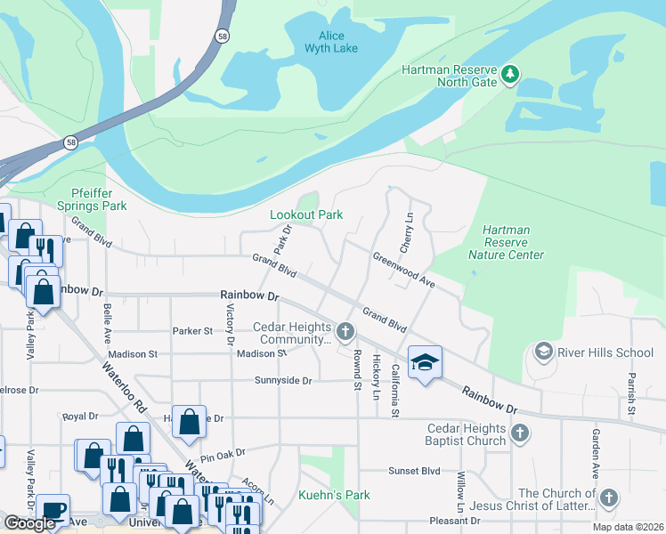 map of restaurants, bars, coffee shops, grocery stores, and more near 1809 Oakland Avenue in Cedar Falls