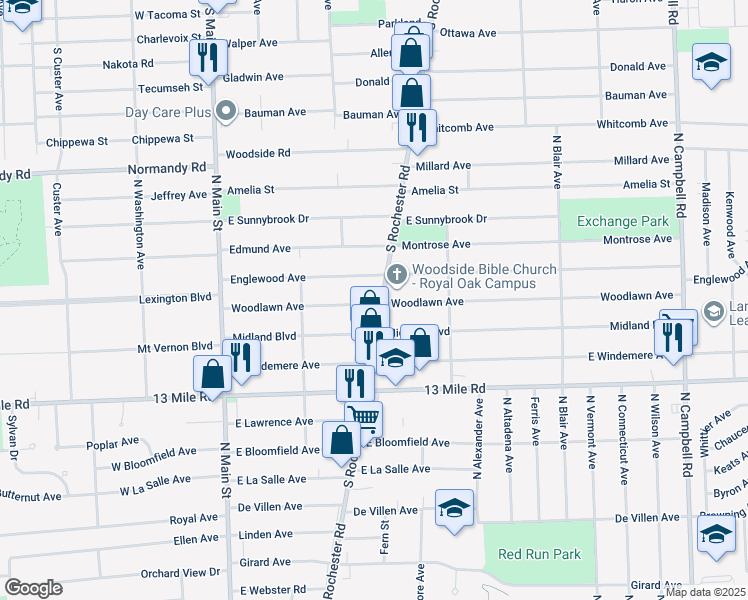 map of restaurants, bars, coffee shops, grocery stores, and more near 439 Woodlawn Avenue in Royal Oak