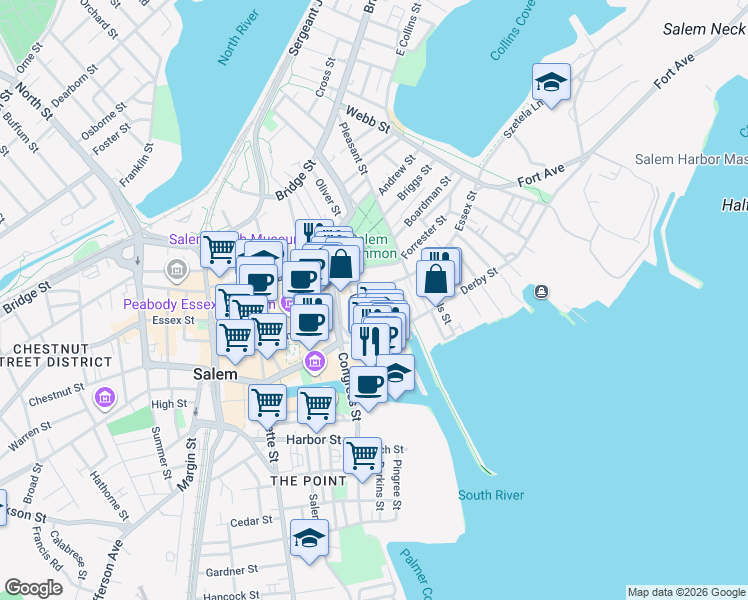 map of restaurants, bars, coffee shops, grocery stores, and more near 4 Hodges Court in Salem
