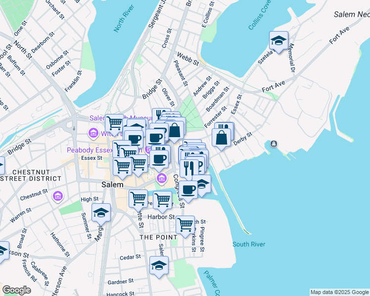 map of restaurants, bars, coffee shops, grocery stores, and more near 4 Hodges Court in Salem