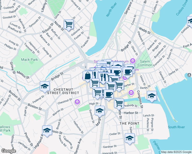 map of restaurants, bars, coffee shops, grocery stores, and more near 284 Essex Street in Salem