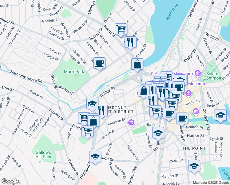 map of restaurants, bars, coffee shops, grocery stores, and more near 6 Andover Street in Salem