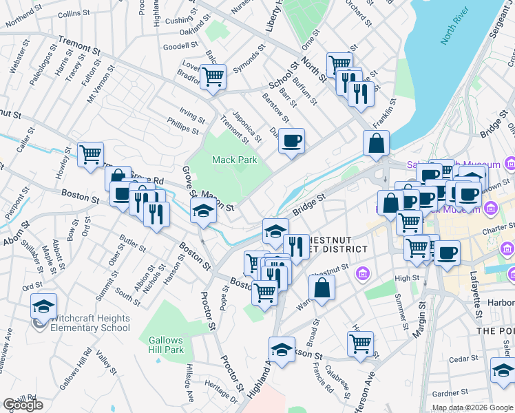 map of restaurants, bars, coffee shops, grocery stores, and more near 80 Flint Street in Salem