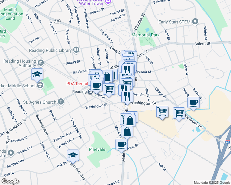 map of restaurants, bars, coffee shops, grocery stores, and more near 32 Green Street in Reading
