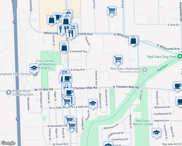 map of restaurants, bars, coffee shops, grocery stores, and more near 500 East Irving Avenue in Madison Heights