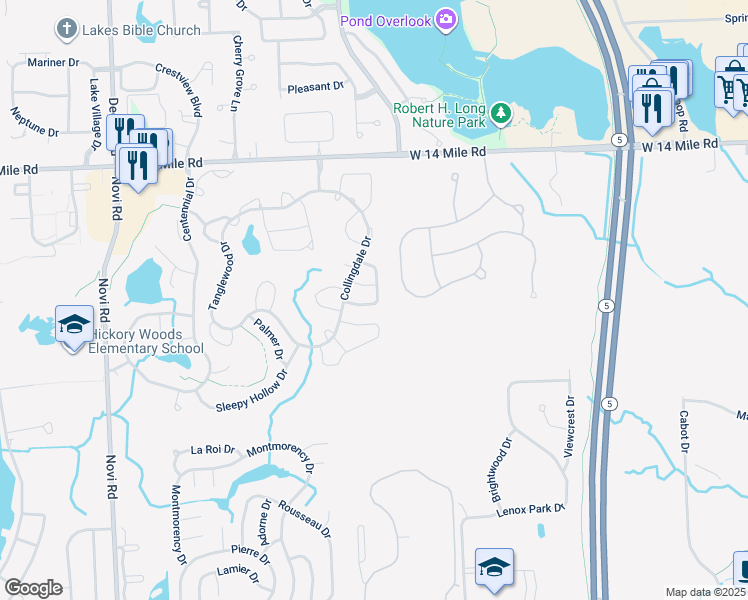 map of restaurants, bars, coffee shops, grocery stores, and more near 41444 Belden Circle in Novi
