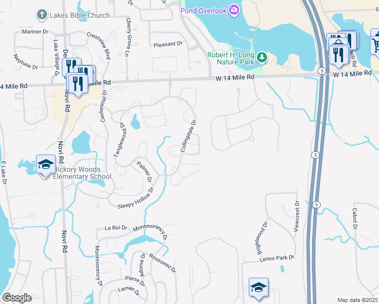 map of restaurants, bars, coffee shops, grocery stores, and more near 41387 Belden Circle in Novi