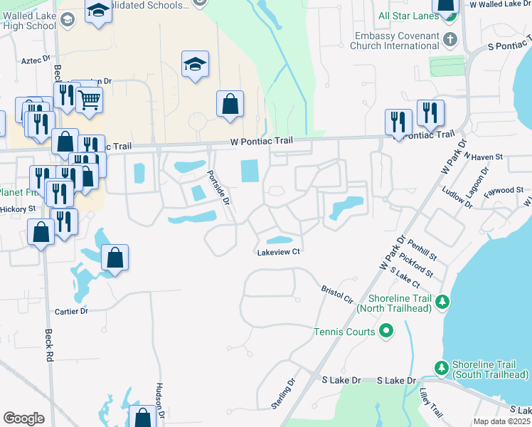 map of restaurants, bars, coffee shops, grocery stores, and more near 45715 Lakeview Court in Novi