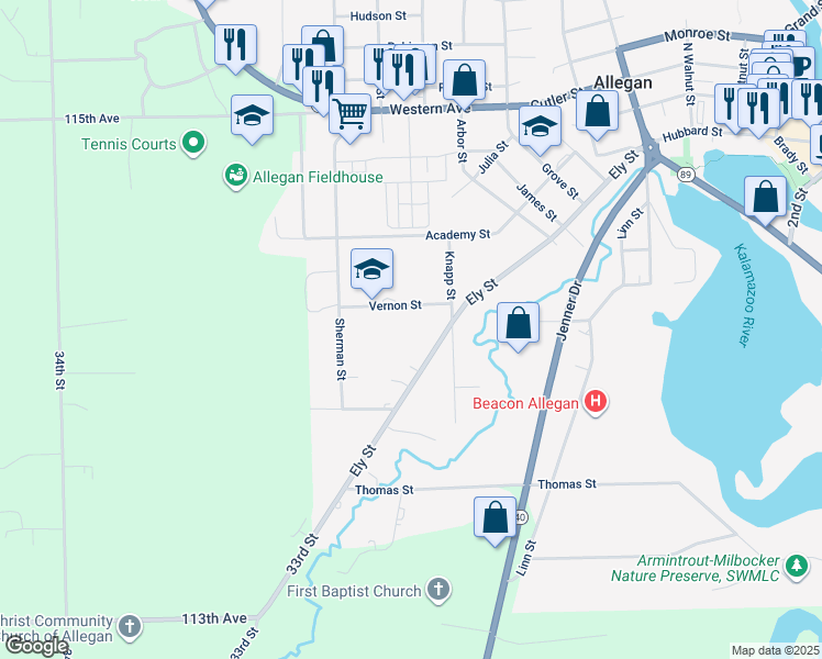 map of restaurants, bars, coffee shops, grocery stores, and more near 624 Ely Street in Allegan