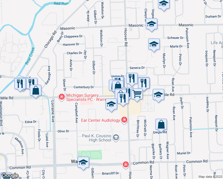 map of restaurants, bars, coffee shops, grocery stores, and more near 11474 Canterbury Drive in Warren
