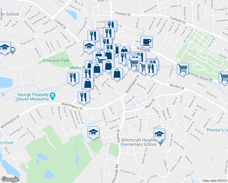 map of restaurants, bars, coffee shops, grocery stores, and more near 31 Oak Street in Peabody