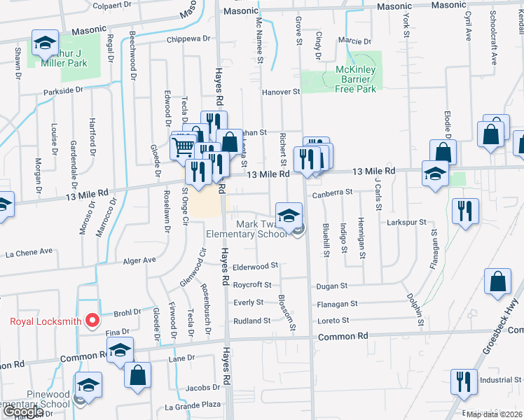 map of restaurants, bars, coffee shops, grocery stores, and more near 15403 Grovedale St in Roseville