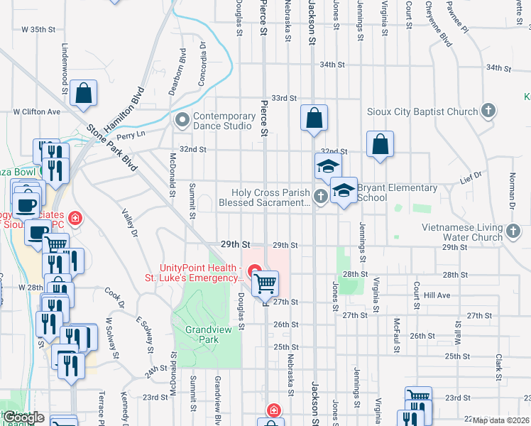 map of restaurants, bars, coffee shops, grocery stores, and more near 500 30th Street in Sioux City