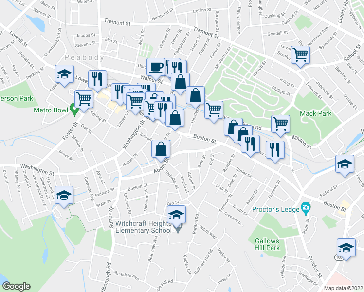 map of restaurants, bars, coffee shops, grocery stores, and more near 78 Aborn Street in Peabody