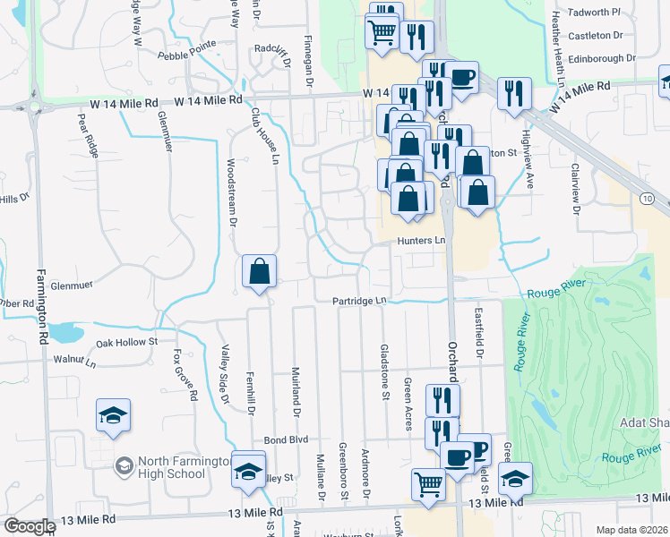 map of restaurants, bars, coffee shops, grocery stores, and more near 30730 Hunters Drive in Farmington Hills