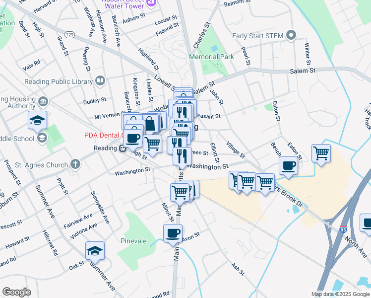 map of restaurants, bars, coffee shops, grocery stores, and more near 500 Main Street in Reading