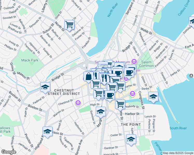 map of restaurants, bars, coffee shops, grocery stores, and more near 284 Essex Street in Salem