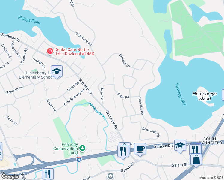 map of restaurants, bars, coffee shops, grocery stores, and more near 16 Robin Road in Lynnfield