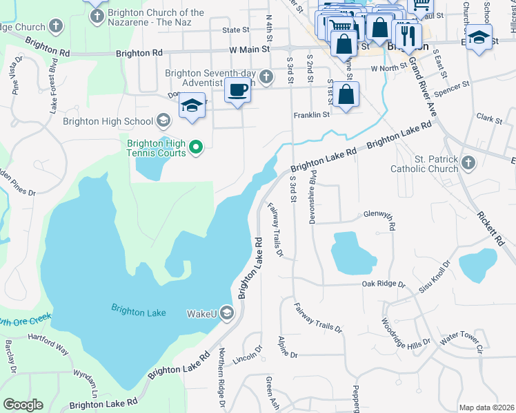 map of restaurants, bars, coffee shops, grocery stores, and more near 940 Brighton Lake Road in Brighton