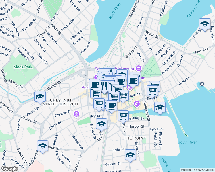 map of restaurants, bars, coffee shops, grocery stores, and more near 60 Washington Street in Salem