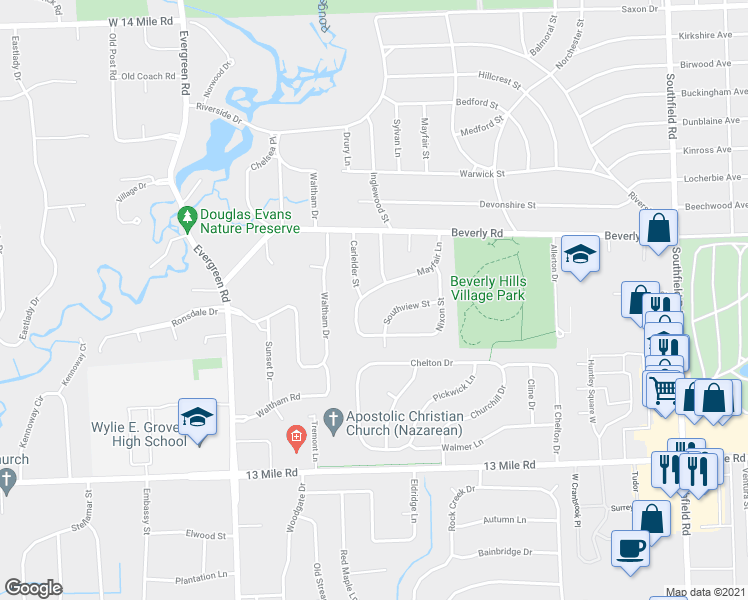 map of restaurants, bars, coffee shops, grocery stores, and more near 31638 Mayfair Lane in Beverly Hills