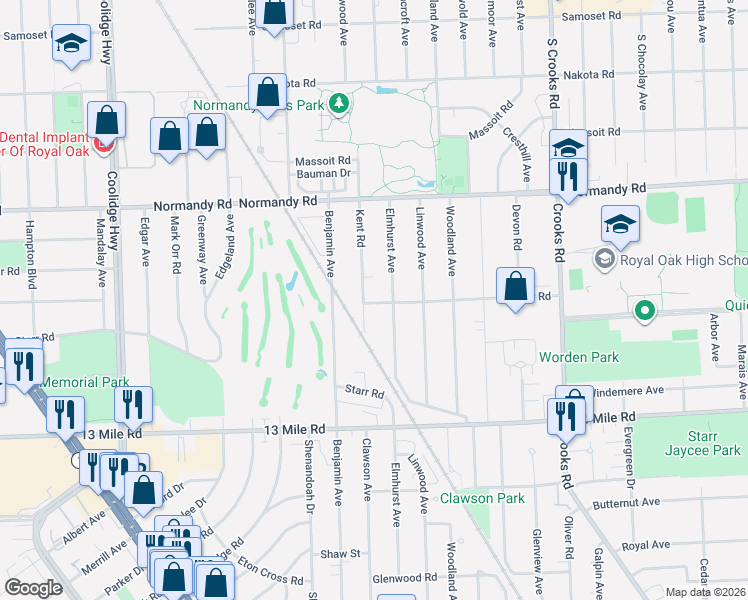 map of restaurants, bars, coffee shops, grocery stores, and more near 3802 Kent Road in Royal Oak