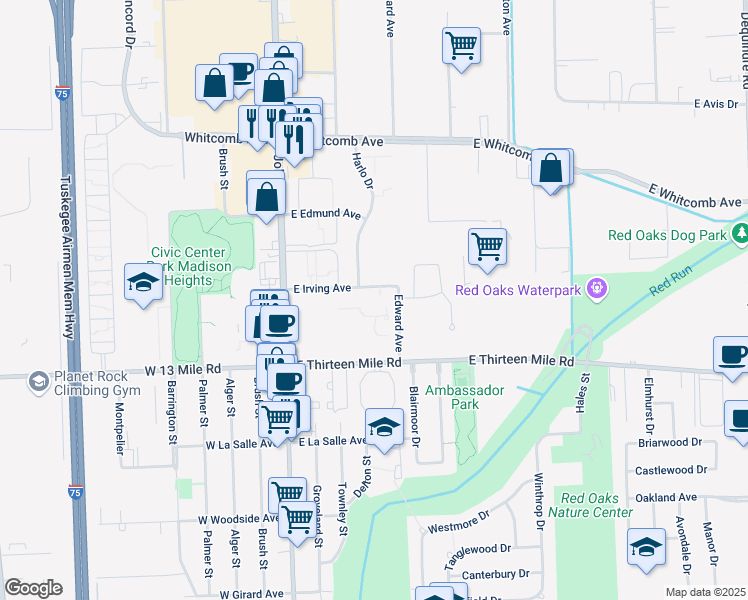 map of restaurants, bars, coffee shops, grocery stores, and more near 500 East Irving Avenue in Madison Heights