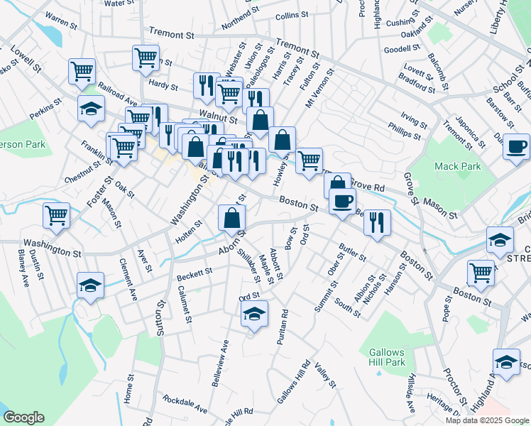 map of restaurants, bars, coffee shops, grocery stores, and more near 78 Aborn Street in Peabody