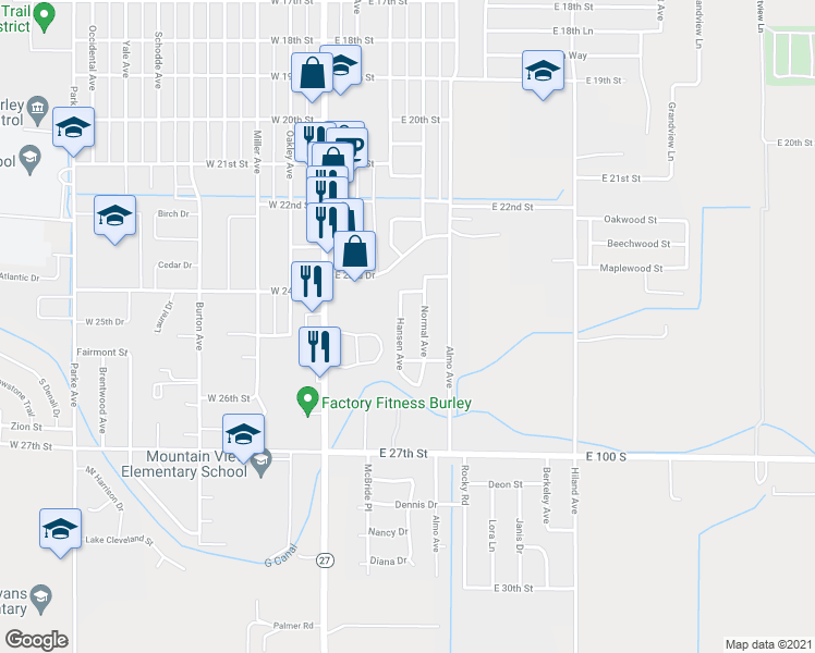 map of restaurants, bars, coffee shops, grocery stores, and more near 2447 Hansen Avenue in Burley
