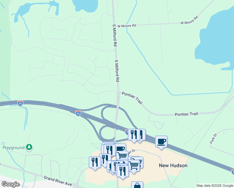 map of restaurants, bars, coffee shops, grocery stores, and more near 34028 Milford Road in Milford Charter Township