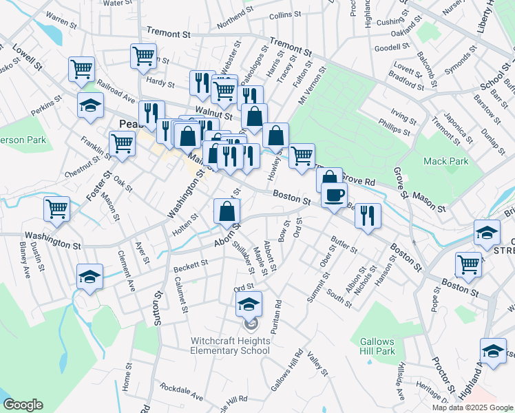 map of restaurants, bars, coffee shops, grocery stores, and more near 84 Aborn Street in Peabody