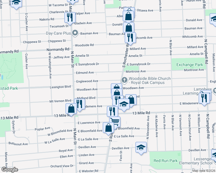 map of restaurants, bars, coffee shops, grocery stores, and more near 341 Woodlawn Avenue in Royal Oak