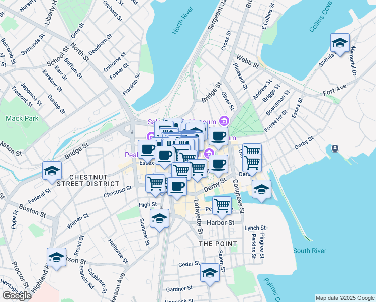 map of restaurants, bars, coffee shops, grocery stores, and more near 11 Church Street in Salem