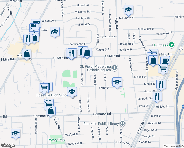 map of restaurants, bars, coffee shops, grocery stores, and more near 30687 Frank Street in Roseville